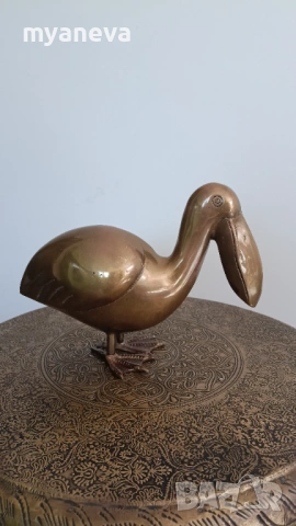 Vintage, месингова статуетка от Корея на пеликан , снимка 4 - Статуетки - 54240279