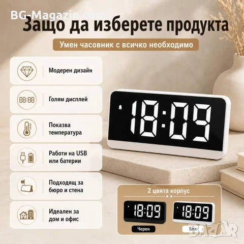 Настолен електронен LED часовник с големи цифри температура UBS за стена деца дигитален големи цифри, снимка 4 - Други - 51038947