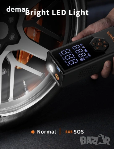 Преносим въздушен компресор за гуми HOVVIDA, 7800 mAh, 12V DC, 150 PSI, дебит 40л/мин, снимка 4 - Аксесоари и консумативи - 54048201