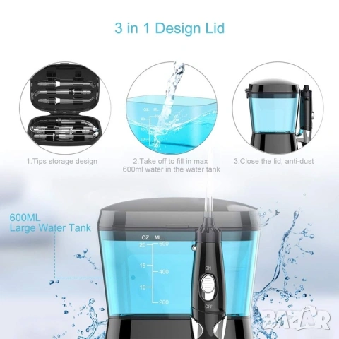 Зъбен душ TUREWELL #8231241 20-36, 600 мл, 10 регулируеми налягане, 8 накрайника, снимка 6 - Други - 55255578