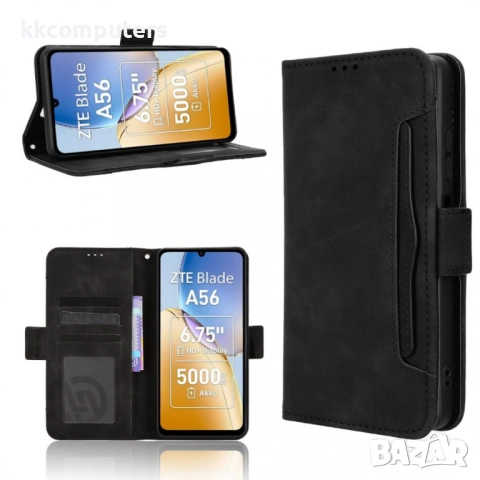 ZTE Blade A56 калъф – портфейл с PU кожа, слотове за карти, протектор, 5 цвята