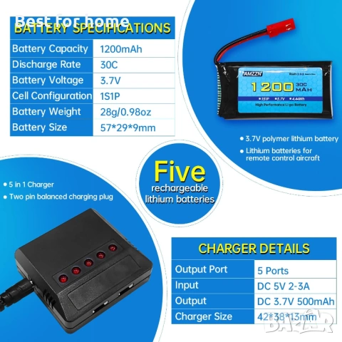 Комплект от 5 броя 3.7V 1200mAh 30C Lipo батерии със зарядно устройство 5 в 1 JST щепсел за дрон , снимка 3 - Друга електроника - 54901313