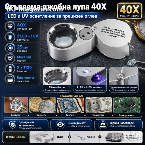 Бижутерска мощна джобна ръчна лупа сгъваема LED осветление УВ светлина камъни злато бижута 40X, снимка 7 - Други инструменти - 50919702