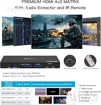 PORTTA HDMI Matrix 4x2, 4 входа 2 изхода 4K HDMI матричен сплитер с SPDIF коаксиален, снимка 2 - Друга електроника - 53976812