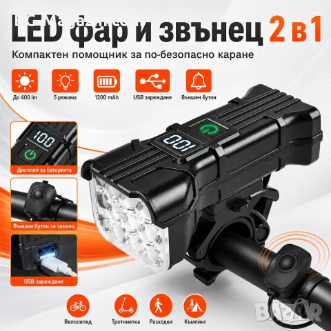 Мощен LED фар за велосипед тротинетка 2 в 1 със силен звънец и дигитален дисплей, снимка 9 - Аксесоари за велосипеди - 55123818