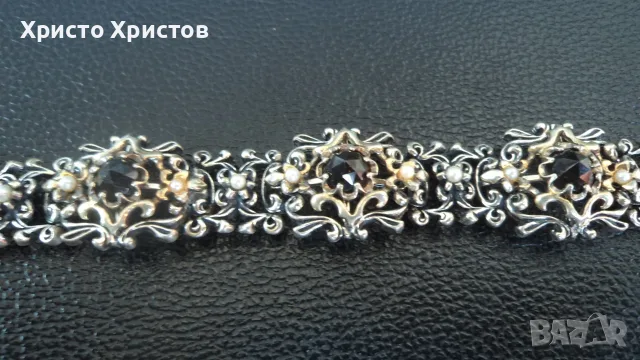 Сребърна аристократична винтидж гривна с гранати, позлата и перли Виена, снимка 3 - Гривни - 55667793