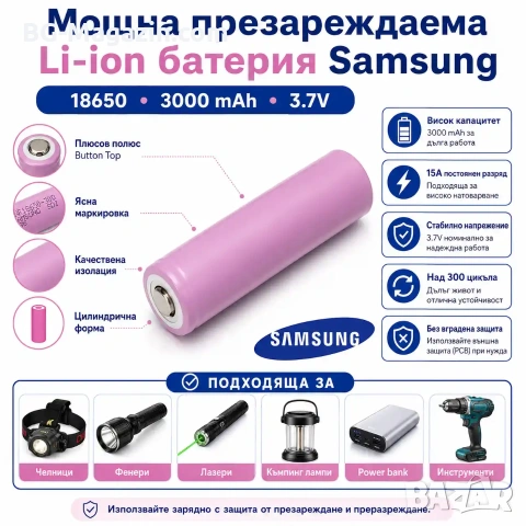 Оригинална качествена презареждаща се батерия Samsung 18650 3000mAh 3.7V презареждаща се за фенр, снимка 8 - Друга електроника - 51102926