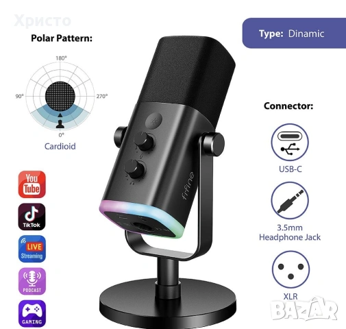 Настолен микрофон FIFINE AM8 Dynamic RGB XLR/USB- Black, снимка 6 - Микрофони - 55005626
