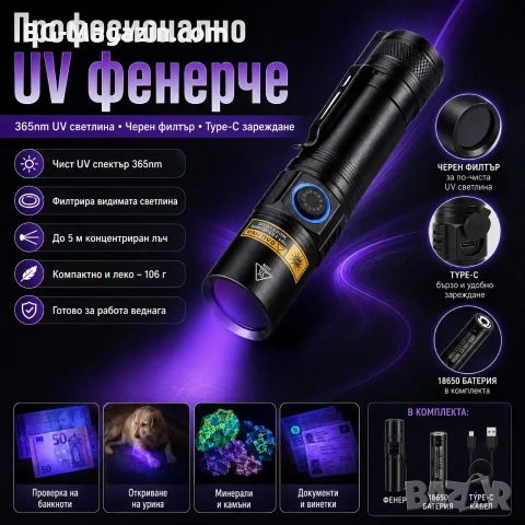 Мощен UV фенер 365nm презареждаем ултравиолетов фенер с черен филтър и Type-C, снимка 9 - Други инструменти - 55123770