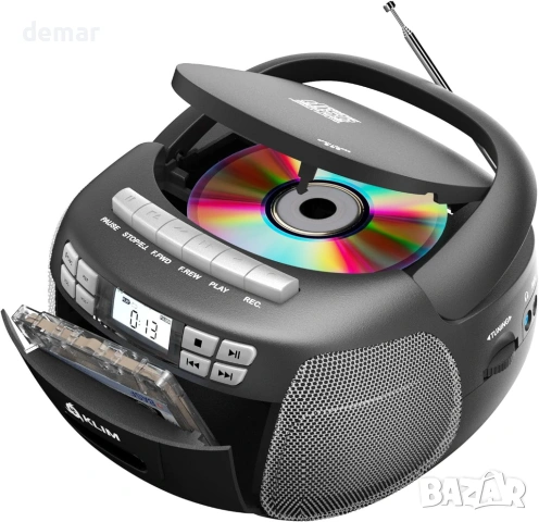 Klim CD плеър с касетофон, Bluetooth, FM/AM радио, USB, преносим музикален плейър