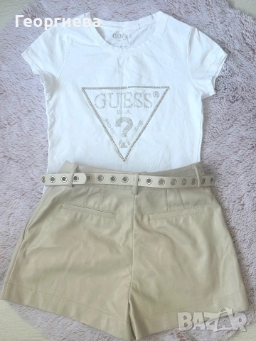 Тениска Guess, къси кожени панталонки, ХС, снимка 2 - Тениски - 55163244