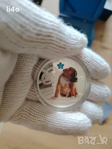 Колекционерска Сребърна монета куче боксер 1oz Proof 31.1 гр с камък Сваровски ограничен тираж 5000 