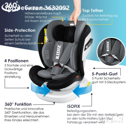 Детско столче за кола с ISOFIX, завъртащо се на 360°, снимка 3 - Аксесоари и консумативи - 54678513