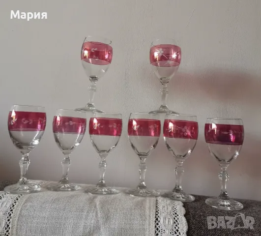 Чаши оловен кристал с червен шлифован декор, снимка 3 - Чаши - 55345626