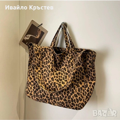 Дамска чанта с леопардов принт жакард 49x34x16 cm. – Кафява, снимка 5 - Чанти - 55162707