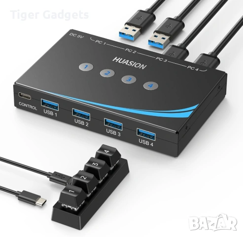 Huasion USB 3.0 Switch – 4 компютъра към 4 USB устройства + аудио (с липсваща инструкция)