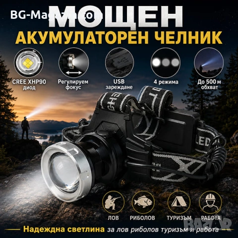 Мощен акумулаторен лед челник за глава LED фенер професионален за лов риболов каска бягане туризъм