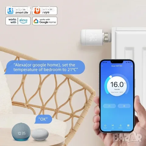 TRV16 WiFi смарт термостатична глава за радиатор, Tuya Smart, Alexa, Google Home, снимка 5 - Друга електроника - 55576021