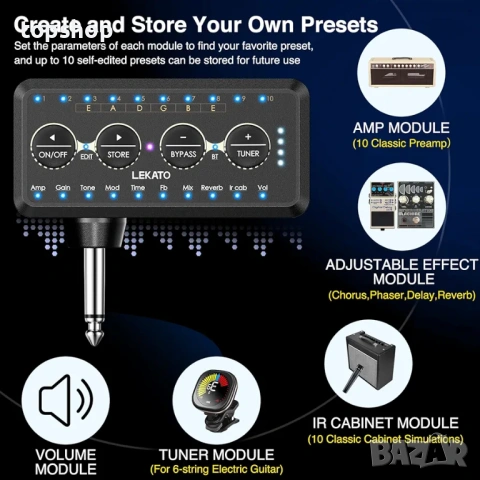 Нов джобен усилвател/мултиефект за китара LEKATO Guitar Headphone Amp – Bluetooth, IR , снимка 4 - Други - 54675889