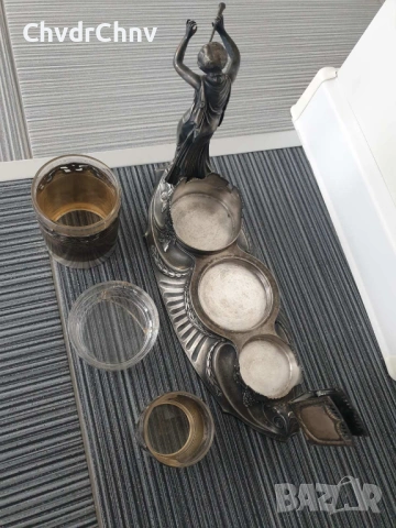 WMF комплект за пиене-пушене/стар ВМФ посребрен фигурален Арт Нуво комплект/чаши-пепелник-кибритник, снимка 3 - Антикварни и старинни предмети - 53950791