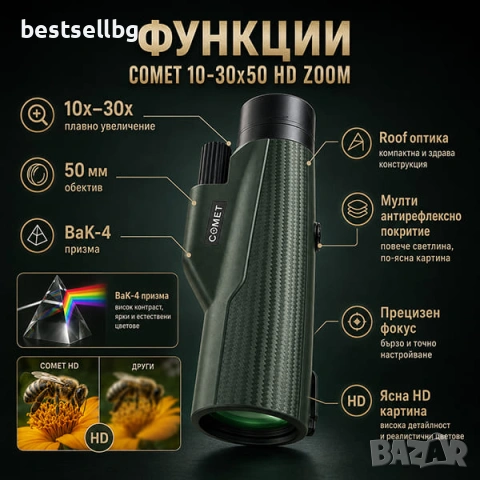 Мощен монокъл COMET 10-30x50 HD ZOOM бинокъл за лов птици природа с тирпод и стойка за телефон евтин, снимка 2 - Екипировка - 51204468