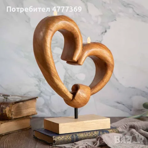 Декоративна статуетка свещник сърце от дърво