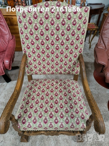 Дъбово кресло с дърворезба и гобленова дамаска , снимка 4 - Дивани и мека мебел - 53950540