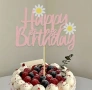 Маргаритка розов картонен топер Happy birthday маргаритки декорация на торта , снимка 2