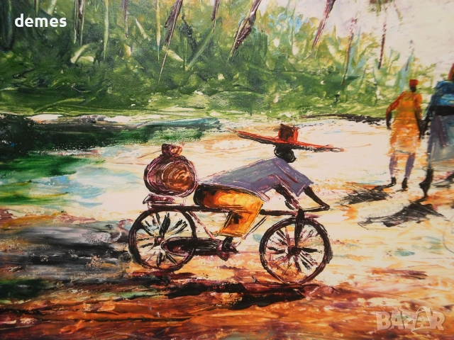 На пазар-картина с маслени бои, Африка, снимка 6 - Картини - 55071956