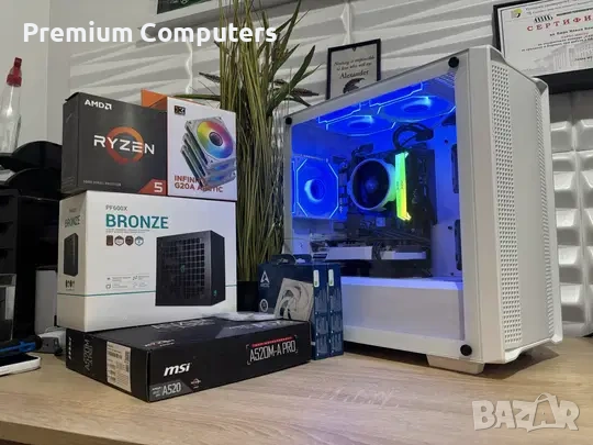 Бял геймърски компютър Ryzen 5600/RX6600/16 Ram/256 ssd/1TB hdd/600W