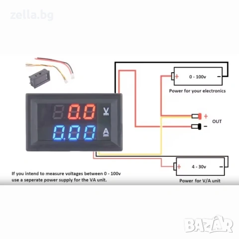 Дигитален волтамперметър за вграждане 0-100V 0-10A, LED дисплей червено-син – за захранващи 10052, снимка 3 - Части и Платки - 54656841