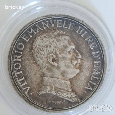 Италия 2 лири 1914 • Vittorio Emanuele III • Сребърна монета, снимка 2 - Нумизматика и бонистика - 54916295