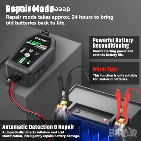 Ново Автоматично зарядно за акумулатор 6V 12V 3A HTRC кола мотор LiFePO4, снимка 4 - Друга електроника - 54470478