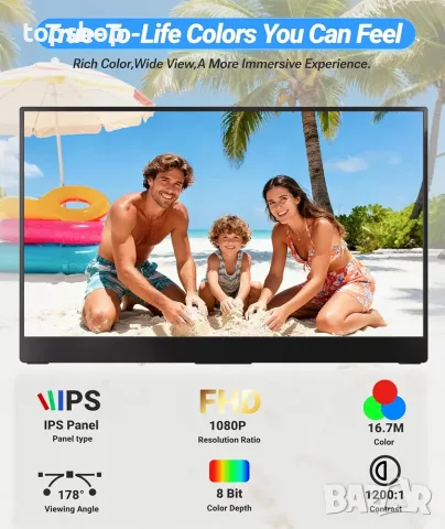 Чисто нов портативен монитор Ingnok 15.6 Full HD 1080P IPS USB C Mini HDMI VESA за лаптоп PC Mac PS5, снимка 4 - Монитори - 55356779