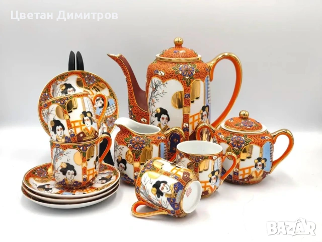 Satsuma Japan японски порцеланов сервиз за кафе,  „Lithophane Geisha“