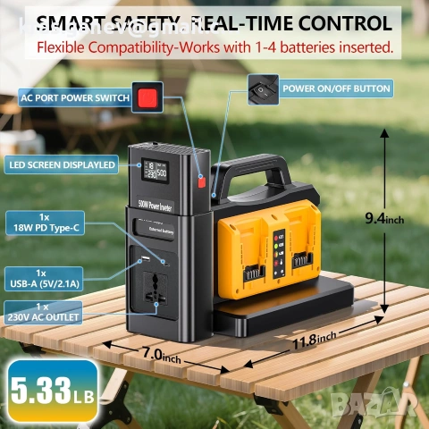 Инвертор 500W Pure Sine Wave за DeWalt 18V батерии, снимка 5 - Друга електроника - 55134381
