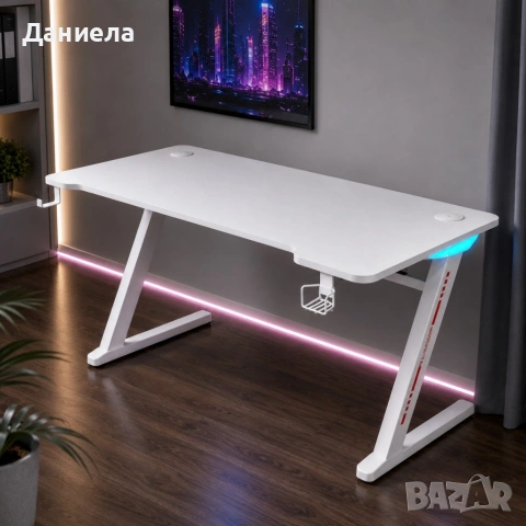 Геймърско бюро 140 см с RGB LED осветление, поставка за чаша и държач за слушалки – Бяло