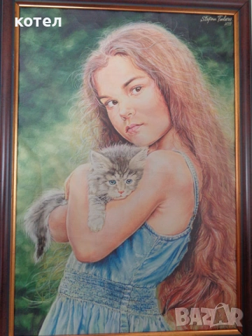 Продавам  оригинален портрет „Момиче с коте“ – сух пастел, худ. Ст. Тодоров (2019), снимка 3 - Картини - 54594059