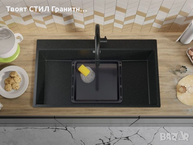 Графит кухненска гранитна мивка Осло 90 XXL Top 880 x 500 мм, снимка 3 - Мивки - 54700667