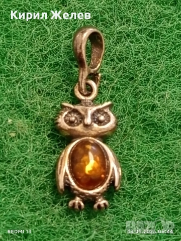 Сребърен медальон във формата на Бухал 🦉 с кехлибар много красив 53149, снимка 2 - Колиета, медальони, синджири - 54530349