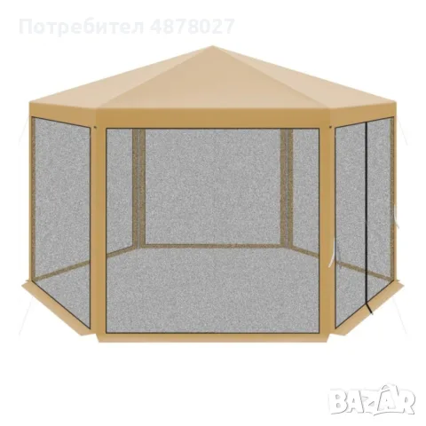 Шестоъгълна бежова градинска шатра 2x2x2x2.5 м с мрежа против комари, 2 входа и здрава стоманена кон, снимка 7 - Други - 55400447
