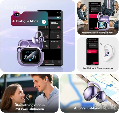 Нови Смарт Слушалки Преводач с Изкуствен Интелект BNARQP NE32 Open Ear с Тъч Дисплей 134 Езика ..., снимка 8 - Bluetooth слушалки - 54990082