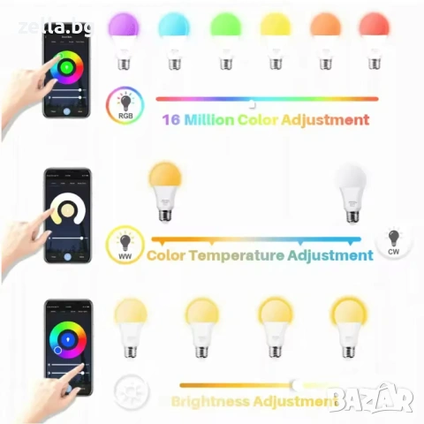 Смарт LED крушка WiFi RGB Tuya 9W E27 – Многоцветна, Гласов контрол, Alexa, Google Home, Smart 10339, снимка 8 - Друга електроника - 54672386