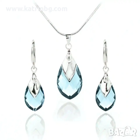 Комплект бижута Сваровски Aquamarine – колие и обеци със сини кристали капка