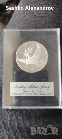 ​Голяма сребърна медал-монета Pax Dove 1975 – Franklin Mint (Proof, Sterling Silver) 