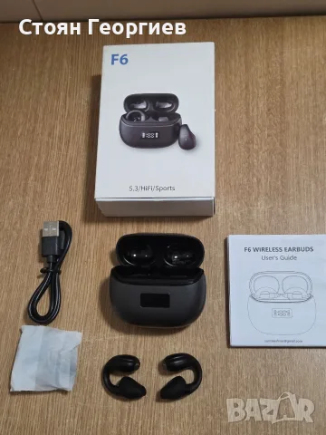 Безжични слушалки F6, съвместими с Bluetooth 5.3.Комплектът включва кутия за зареждане с LED диспле
