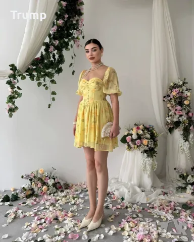 - 40 % Кукленска шифонена рокля на цветя , цвят жълт, снимка 3 - Рокли - 55581064