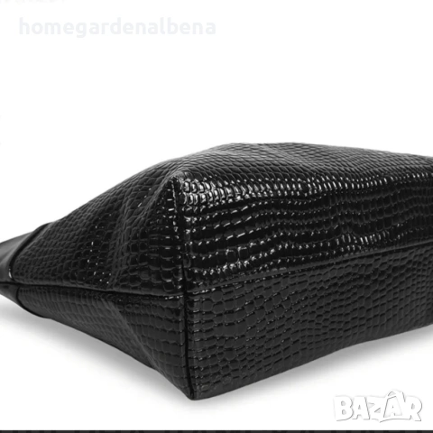 Дамска чанта тоут черна лачена еко кожа крокодилска щампа кръгли дръжки, снимка 2 - Чанти - 54146123