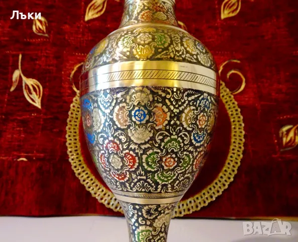 Бронзова ваза 32 см.,цветен клетъчен емайл. , снимка 4 - Вази - 55449114