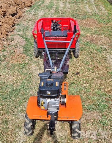Мотофреза Daewoo с 4-тактов двигател 7 к.с. с 3 скорости + Самосвално ремарке Gardenmax 125x80x30 cm, снимка 3 - Градинска техника - 55214598